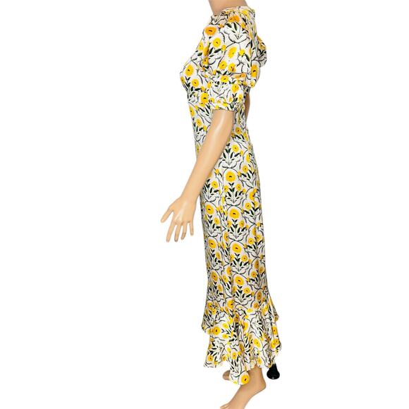 Agua by Agua Bendita Mango Mimosa Midi Dress S Silk White Yellow Floral Rare - Picture 3 of 16